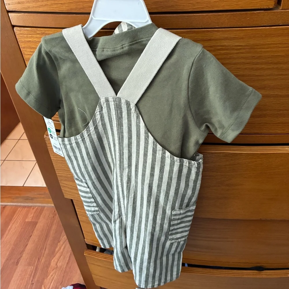 Carter's Green and Tan Striped Overall Outfit with bucket hat